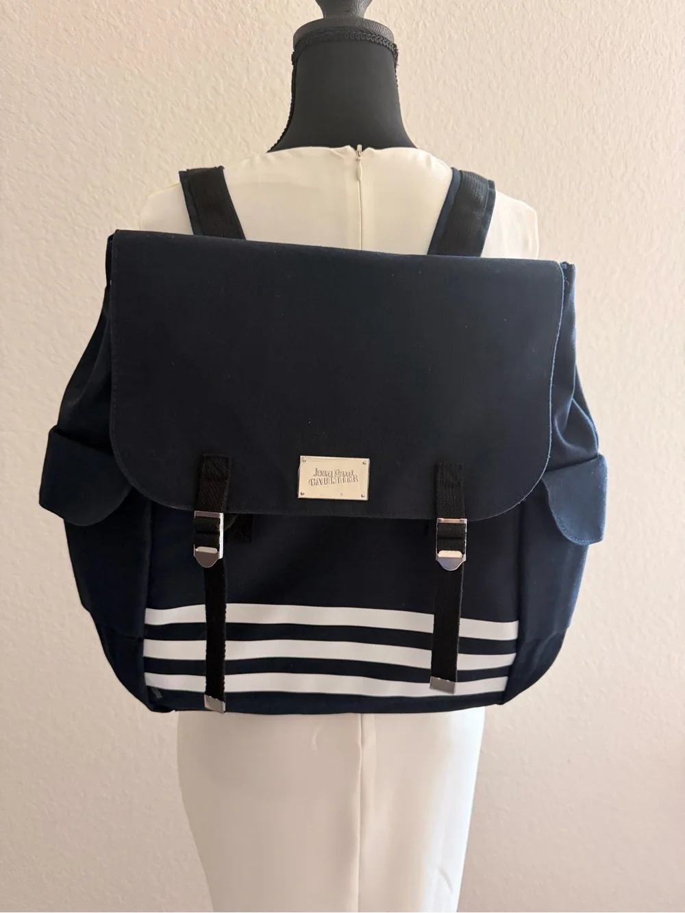 Jean Paul Gaultier Navy Canvas Backpack | White Stripe Designer Logo Bag
